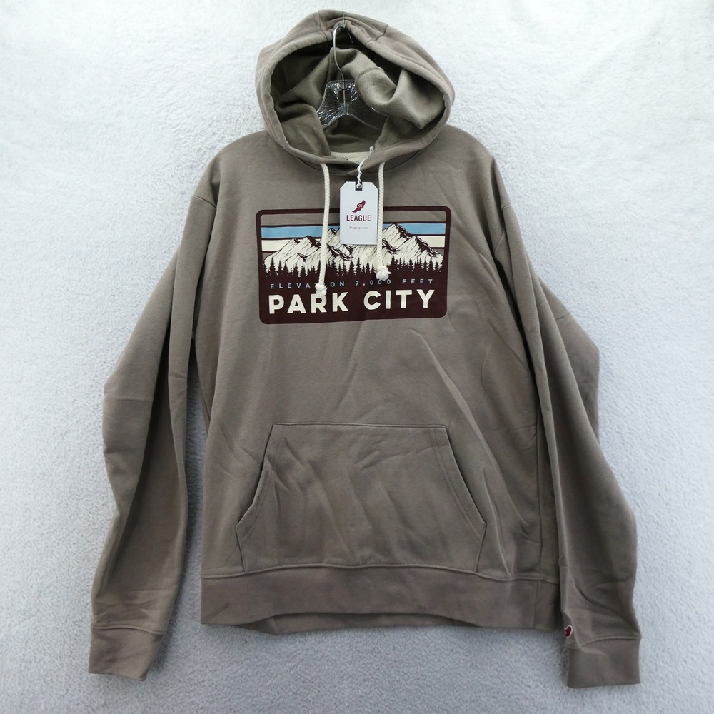 League Hoodie Mens Large Park City Graphic Pullover‎ Taupe Mountain Cotton Blend